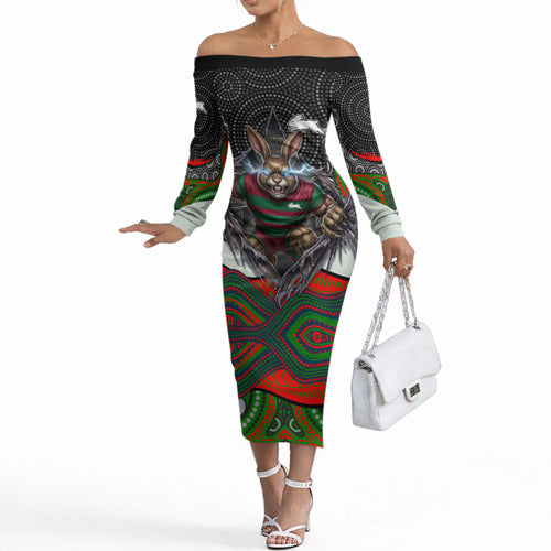 South Sydney Rabbitohs Off The Shoulder Long Sleeve Dress The Scream of Lightning Eyes - Indigenous Dot Ripping Effect