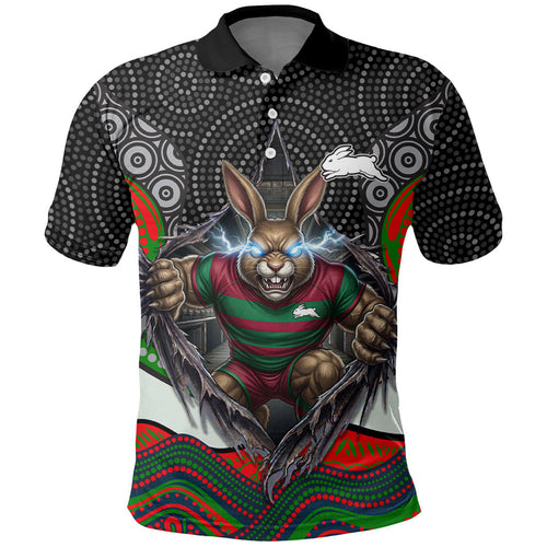 South Sydney Rabbitohs Polo Shirt The Scream of Lightning Eyes - Indigenous Dot Ripping Effect