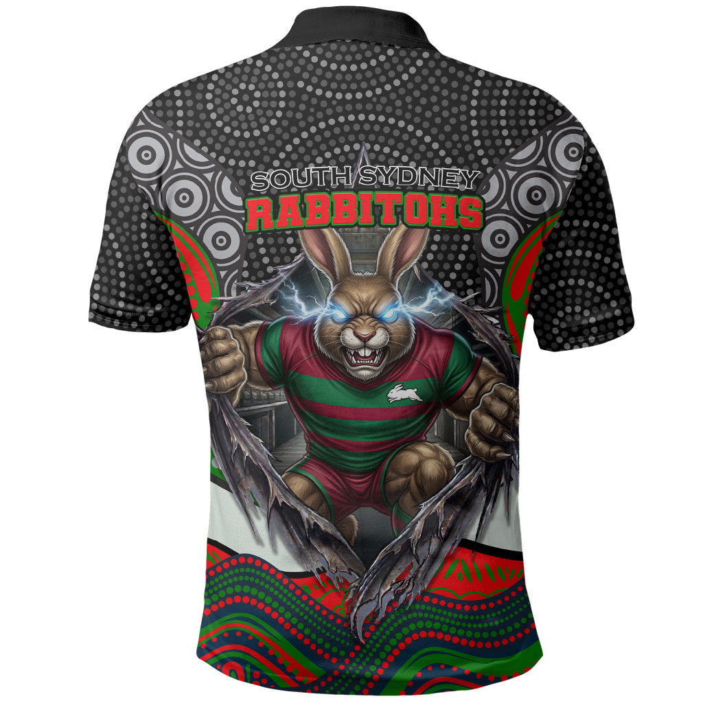 South Sydney Rabbitohs Polo Shirt The Scream of Lightning Eyes - Indigenous Dot Ripping Effect