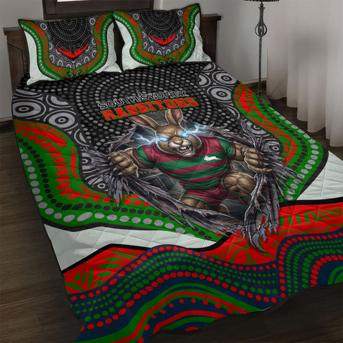 South Sydney Rabbitohs Quilt Bed Set The Scream of Lightning Eyes - Indigenous Dot Ripping Effect