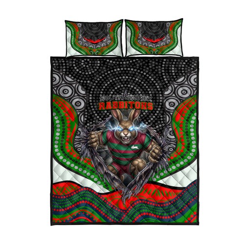 South Sydney Rabbitohs Quilt Bed Set The Scream of Lightning Eyes - Indigenous Dot Ripping Effect