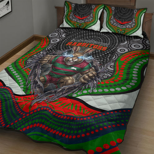 South Sydney Rabbitohs Quilt Bed Set The Scream of Lightning Eyes - Indigenous Dot Ripping Effect