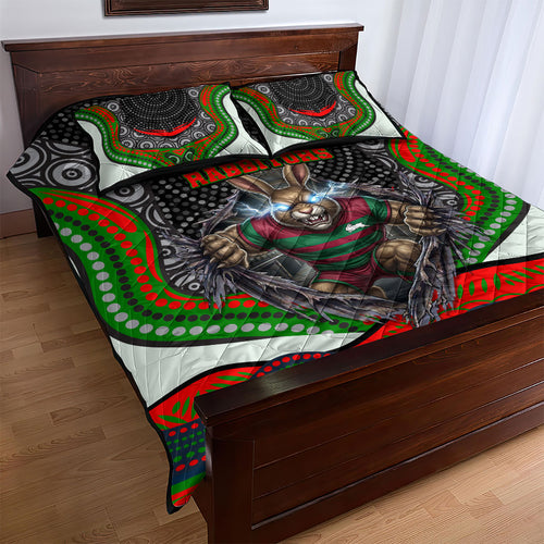 South Sydney Rabbitohs Quilt Bed Set The Scream of Lightning Eyes - Indigenous Dot Ripping Effect