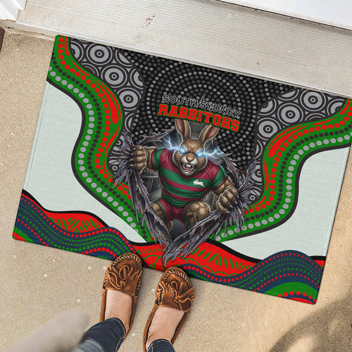 South Sydney Rabbitohs Rubber Doormat The Scream of Lightning Eyes - Indigenous Dot Ripping Effect