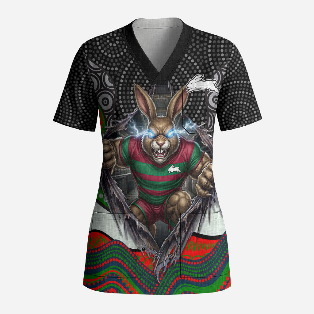 South Sydney Rabbitohs Scrub Top The Scream of Lightning Eyes - Indigenous Dot Ripping Effect