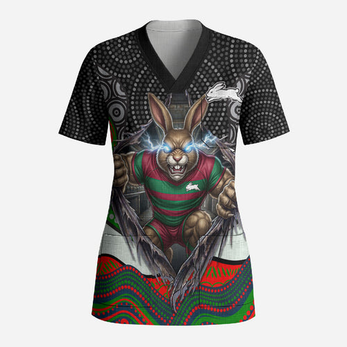 South Sydney Rabbitohs Scrub Top The Scream of Lightning Eyes - Indigenous Dot Ripping Effect