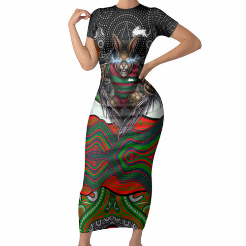 South Sydney Rabbitohs Short Sleeve Bodycon Dress The Scream of Lightning Eyes - Indigenous Dot Ripping Effect
