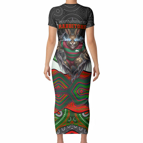 South Sydney Rabbitohs Short Sleeve Bodycon Dress The Scream of Lightning Eyes - Indigenous Dot Ripping Effect