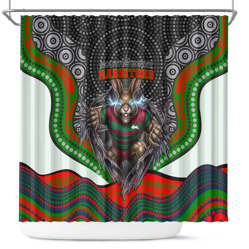 South Sydney Rabbitohs Shower Curtain The Scream of Lightning Eyes - Indigenous Dot Ripping Effect