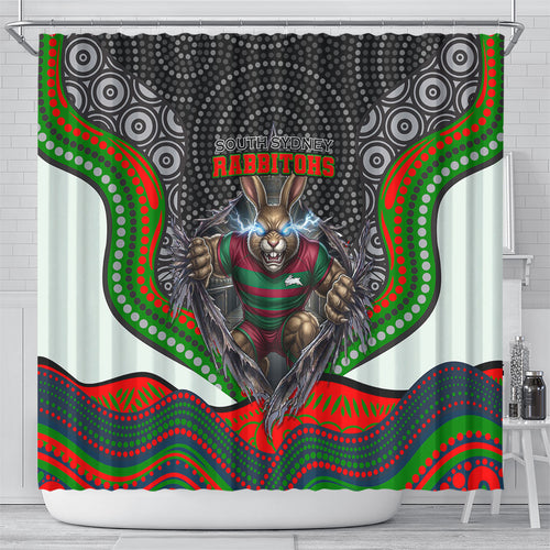 South Sydney Rabbitohs Shower Curtain The Scream of Lightning Eyes - Indigenous Dot Ripping Effect