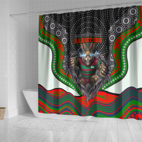 South Sydney Rabbitohs Shower Curtain The Scream of Lightning Eyes - Indigenous Dot Ripping Effect