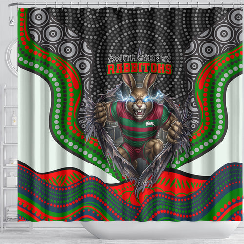 South Sydney Rabbitohs Shower Curtain The Scream of Lightning Eyes - Indigenous Dot Ripping Effect
