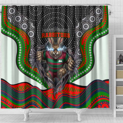 South Sydney Rabbitohs Shower Curtain The Scream of Lightning Eyes - Indigenous Dot Ripping Effect