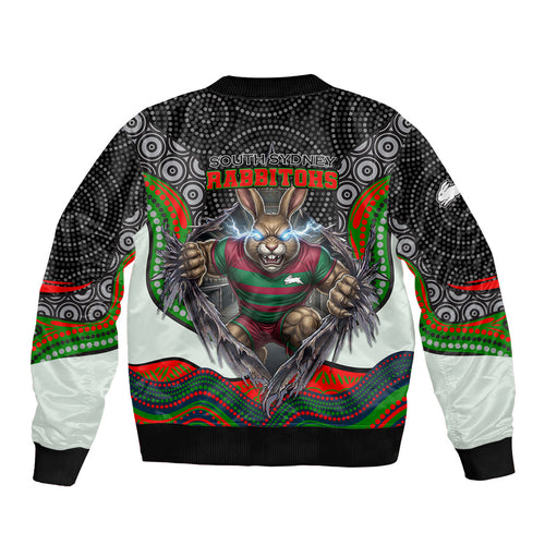 South Sydney Rabbitohs Sleeve Zip Bomber Jacket The Scream of Lightning Eyes - Indigenous Dot Ripping Effect