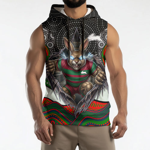 South Sydney Rabbitohs Sleeveless Hoodie The Scream of Lightning Eyes - Indigenous Dot Ripping Effect