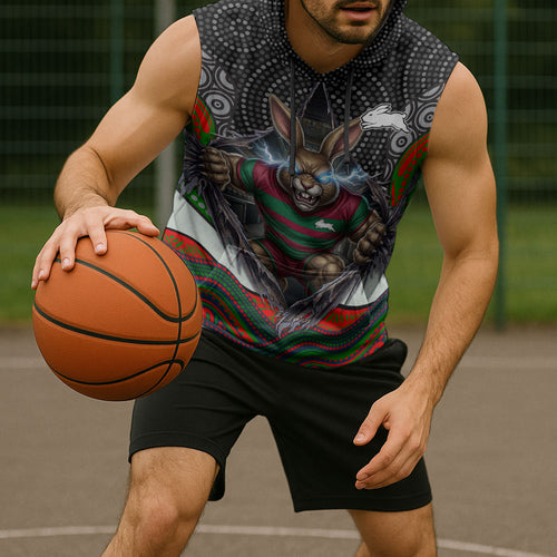South Sydney Rabbitohs Sleeveless Hoodie The Scream of Lightning Eyes - Indigenous Dot Ripping Effect
