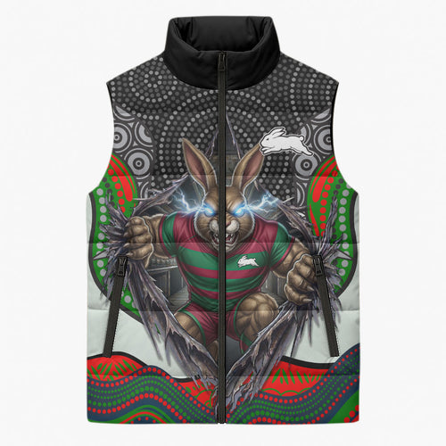 South Sydney Rabbitohs Sleeveless Puffer Jacket The Scream of Lightning Eyes - Indigenous Dot Ripping Effect