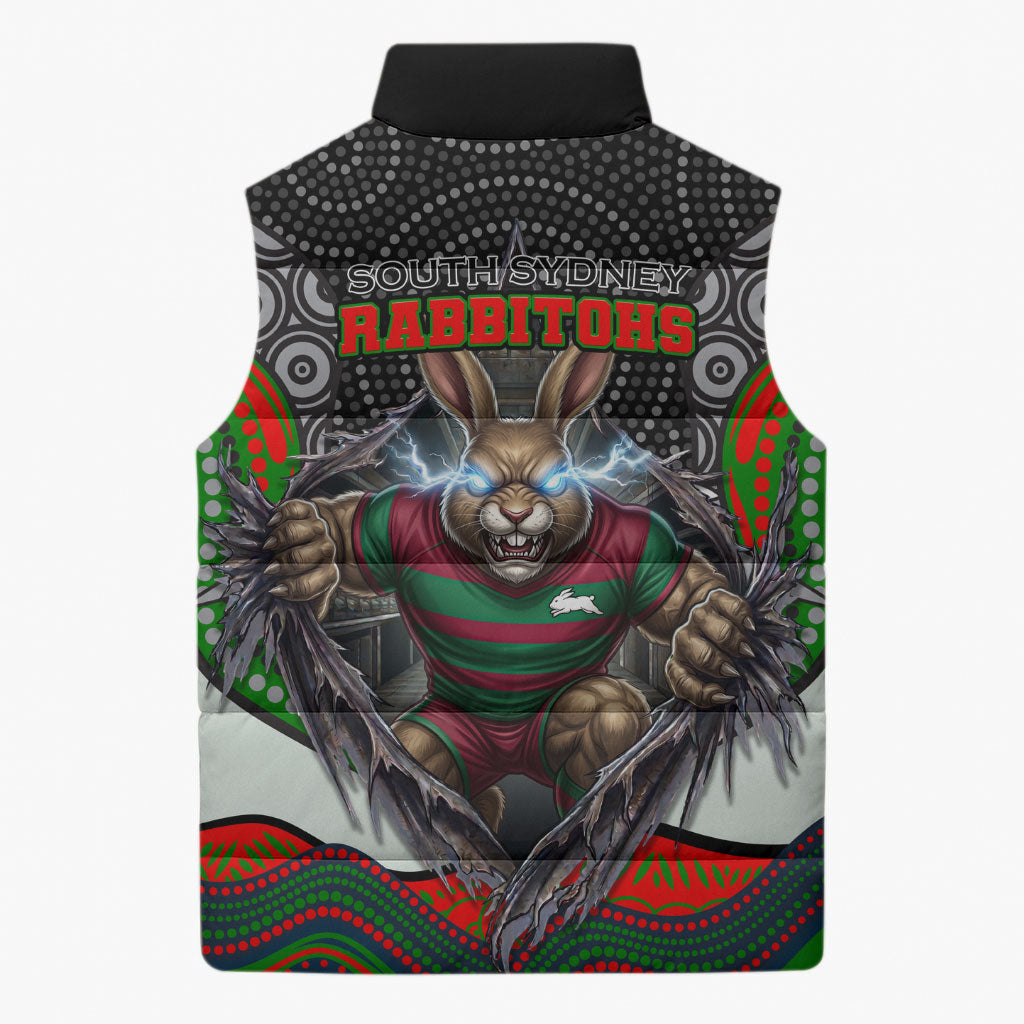 South Sydney Rabbitohs Sleeveless Puffer Jacket The Scream of Lightning Eyes - Indigenous Dot Ripping Effect