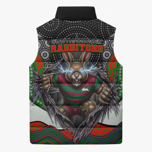 South Sydney Rabbitohs Sleeveless Puffer Jacket The Scream of Lightning Eyes - Indigenous Dot Ripping Effect