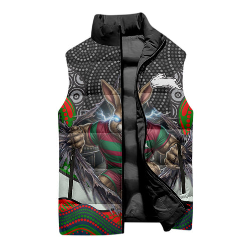 South Sydney Rabbitohs Sleeveless Puffer Jacket The Scream of Lightning Eyes - Indigenous Dot Ripping Effect