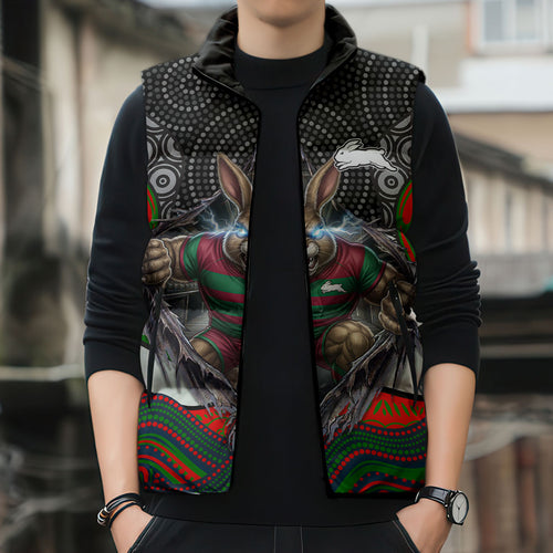 South Sydney Rabbitohs Sleeveless Puffer Jacket The Scream of Lightning Eyes - Indigenous Dot Ripping Effect