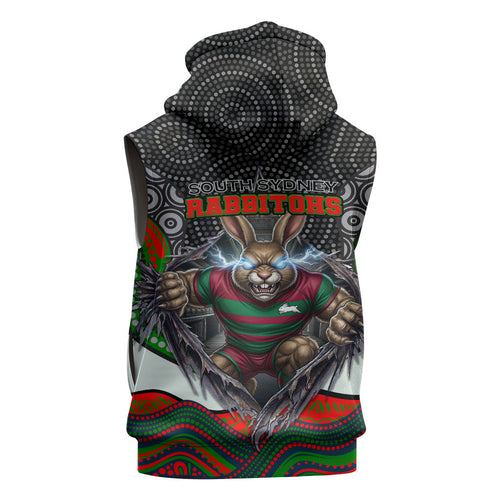 South Sydney Rabbitohs Sleeveless Zip Hoodie The Scream of Lightning Eyes - Indigenous Dot Ripping Effect