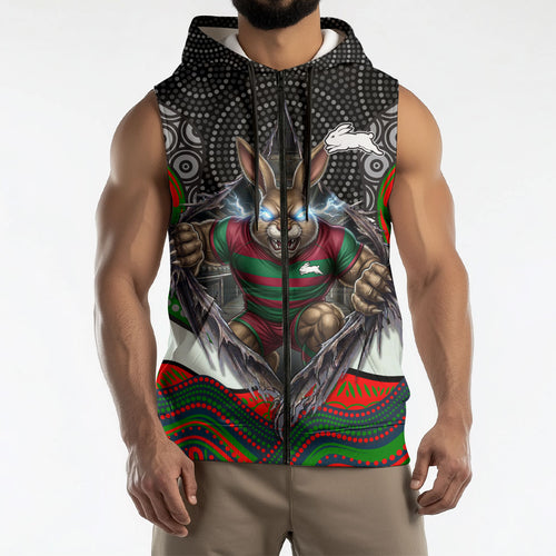 South Sydney Rabbitohs Sleeveless Zip Hoodie The Scream of Lightning Eyes - Indigenous Dot Ripping Effect