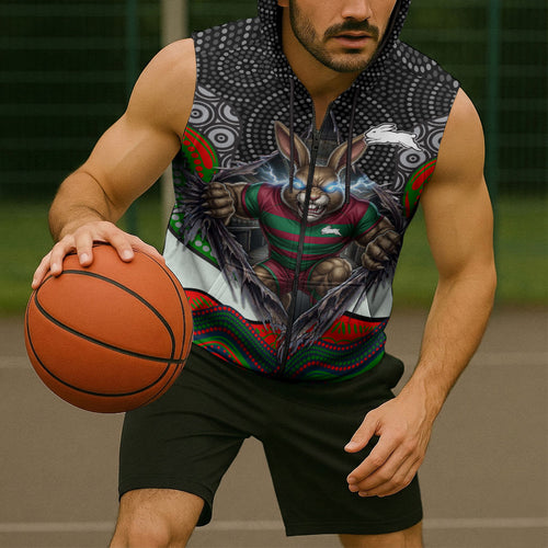 South Sydney Rabbitohs Sleeveless Zip Hoodie The Scream of Lightning Eyes - Indigenous Dot Ripping Effect