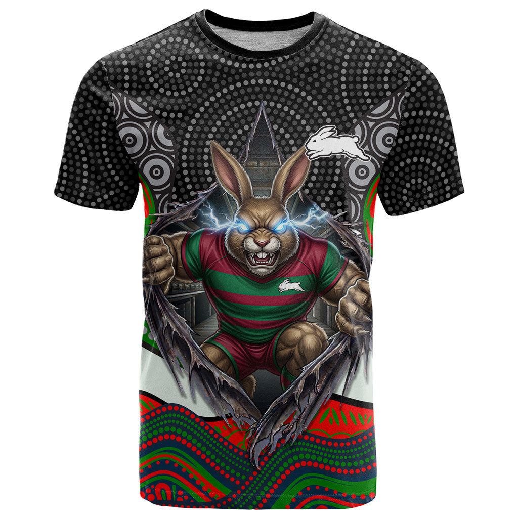 South Sydney Rabbitohs T Shirt The Scream of Lightning Eyes - Indigenous Dot Ripping Effect