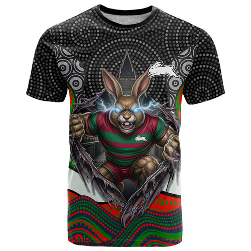 South Sydney Rabbitohs T Shirt The Scream of Lightning Eyes - Indigenous Dot Ripping Effect