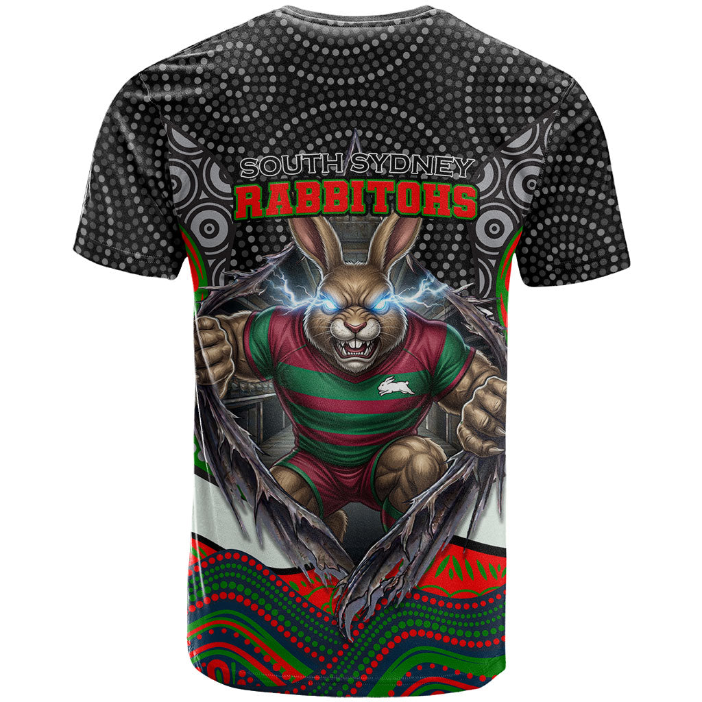 South Sydney Rabbitohs T Shirt The Scream of Lightning Eyes - Indigenous Dot Ripping Effect