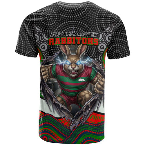 South Sydney Rabbitohs T Shirt The Scream of Lightning Eyes - Indigenous Dot Ripping Effect