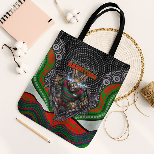 South Sydney Rabbitohs Tote Bag The Scream of Lightning Eyes - Indigenous Dot Ripping Effect