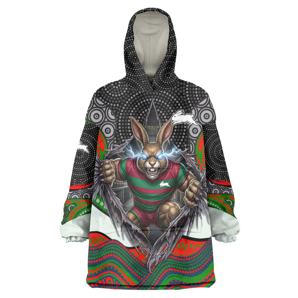 South Sydney Rabbitohs Wearable Blanket Hoodie The Scream of Lightning Eyes - Indigenous Dot Ripping Effect