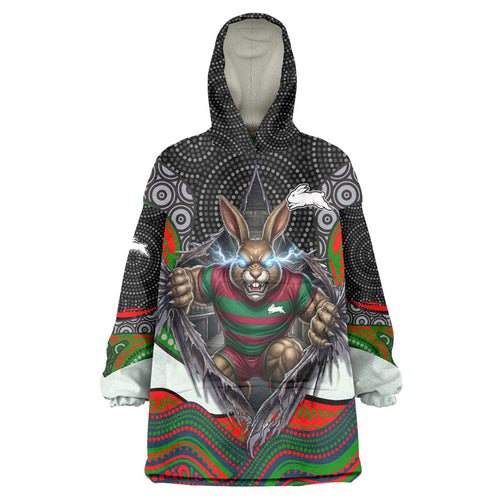 South Sydney Rabbitohs Wearable Blanket Hoodie The Scream of Lightning Eyes - Indigenous Dot Ripping Effect