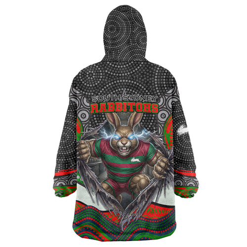 South Sydney Rabbitohs Wearable Blanket Hoodie The Scream of Lightning Eyes - Indigenous Dot Ripping Effect