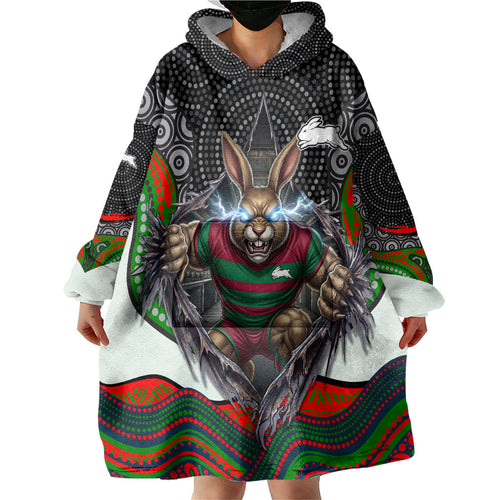 South Sydney Rabbitohs Wearable Blanket Hoodie The Scream of Lightning Eyes - Indigenous Dot Ripping Effect