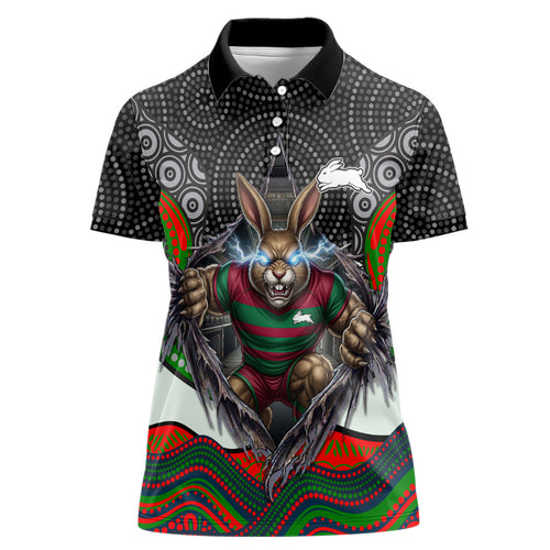 South Sydney Rabbitohs Women Polo Shirt The Scream of Lightning Eyes - Indigenous Dot Ripping Effect