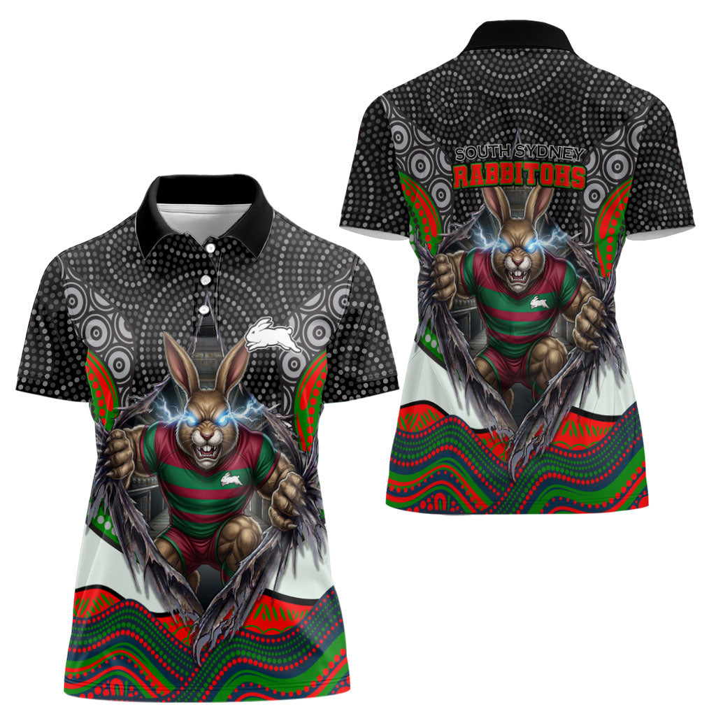 South Sydney Rabbitohs Women Polo Shirt The Scream of Lightning Eyes - Indigenous Dot Ripping Effect