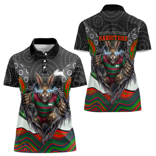 South Sydney Rabbitohs Women Polo Shirt The Scream of Lightning Eyes - Indigenous Dot Ripping Effect