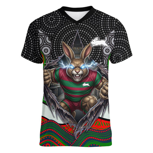 South Sydney Rabbitohs Women V-Neck T-Shirt The Scream of Lightning Eyes - Indigenous Dot Ripping Effect