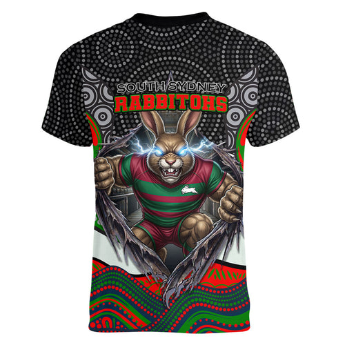 South Sydney Rabbitohs Women V-Neck T-Shirt The Scream of Lightning Eyes - Indigenous Dot Ripping Effect