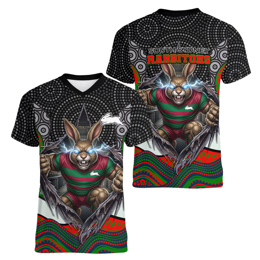 South Sydney Rabbitohs Women V-Neck T-Shirt The Scream of Lightning Eyes - Indigenous Dot Ripping Effect