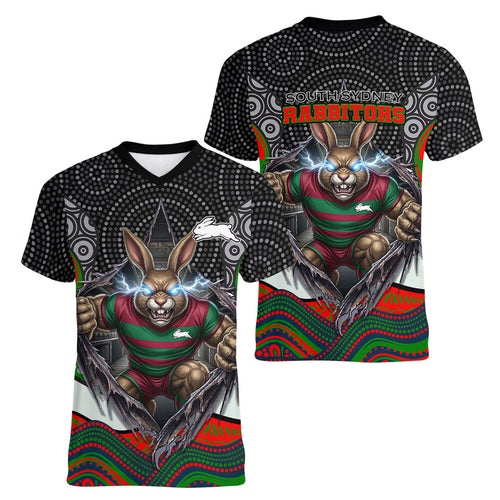 South Sydney Rabbitohs Women V-Neck T-Shirt The Scream of Lightning Eyes - Indigenous Dot Ripping Effect