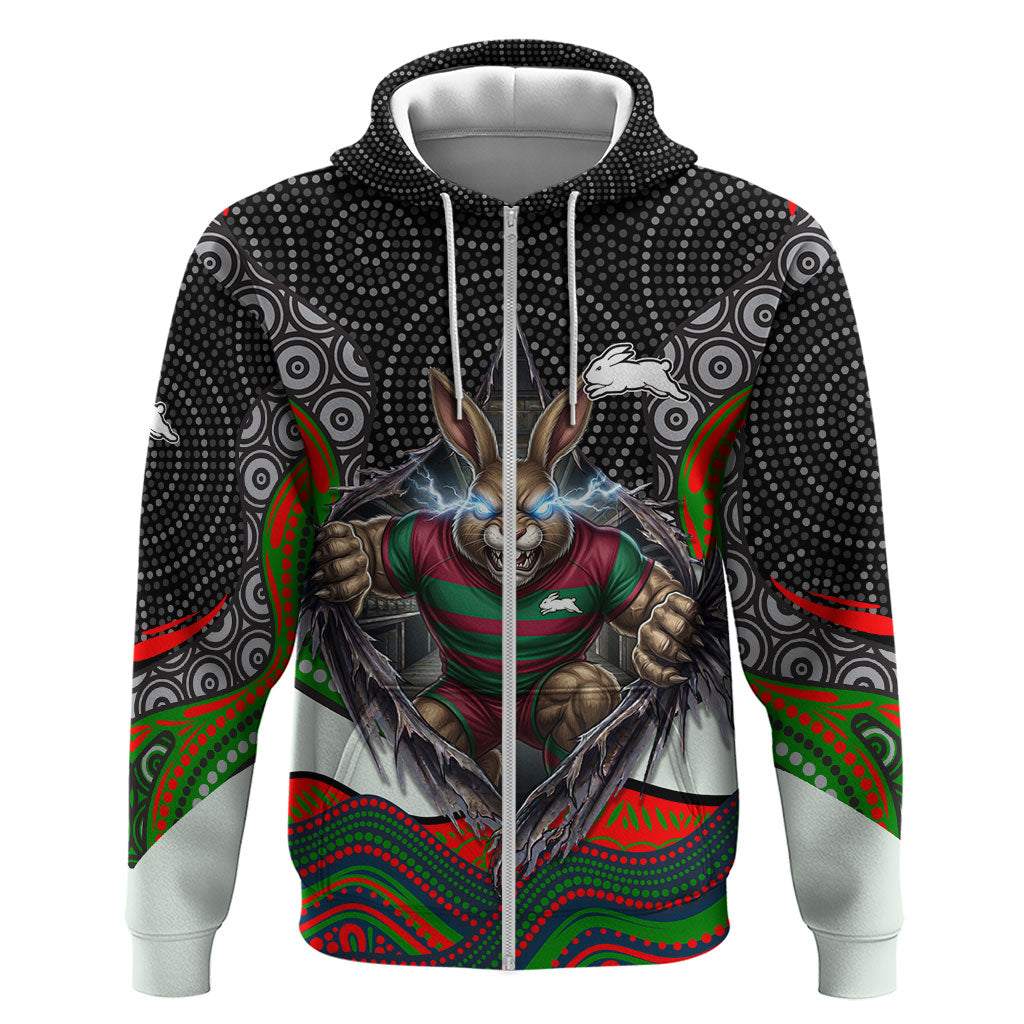 South Sydney Rabbitohs Zip Hoodie The Scream of Lightning Eyes - Indigenous Dot Ripping Effect
