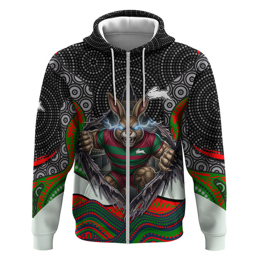 South Sydney Rabbitohs Zip Hoodie The Scream of Lightning Eyes - Indigenous Dot Ripping Effect