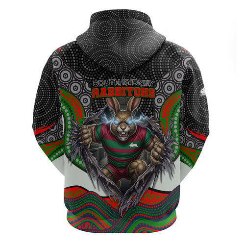 South Sydney Rabbitohs Zip Hoodie The Scream of Lightning Eyes - Indigenous Dot Ripping Effect