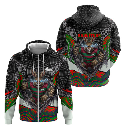 South Sydney Rabbitohs Zip Hoodie The Scream of Lightning Eyes - Indigenous Dot Ripping Effect