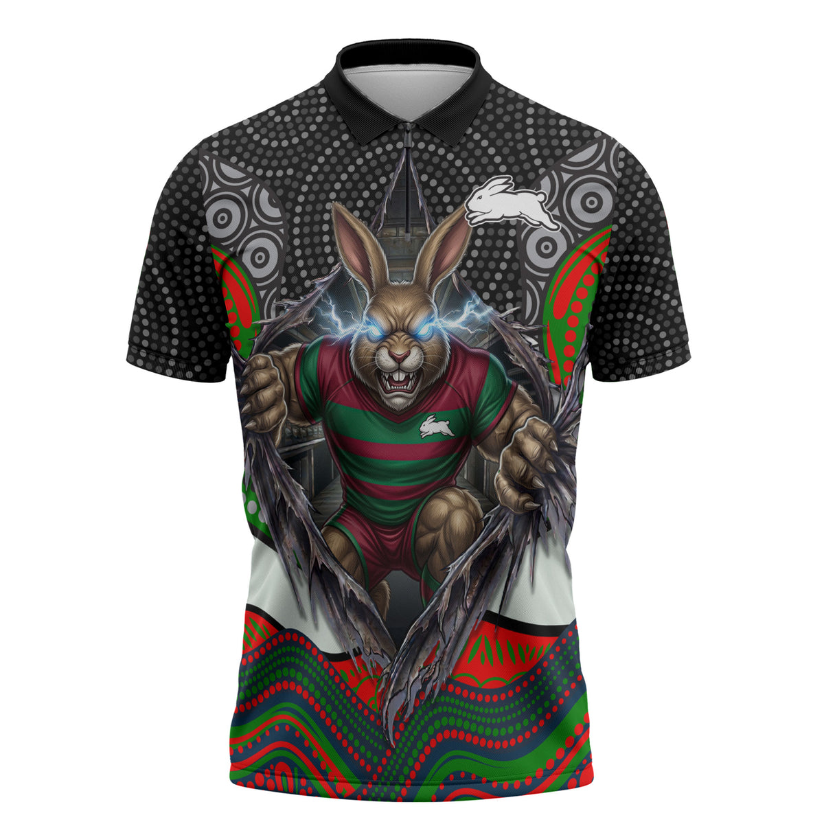 South Sydney Rabbitohs Zipper Polo Shirt The Scream of Lightning Eyes - Indigenous Dot Ripping Effect