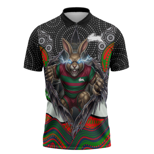 South Sydney Rabbitohs Zipper Polo Shirt The Scream of Lightning Eyes - Indigenous Dot Ripping Effect